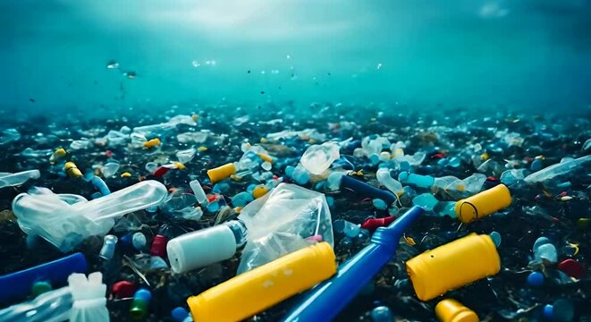 Plastic pollution in sea environmental problem. Plastic bags, bottles, cups and oil pollute the environment