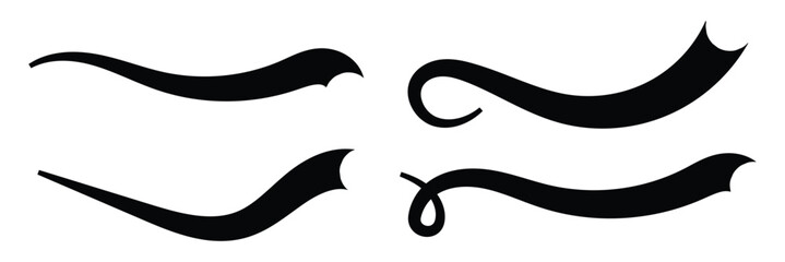 Swoosh line vector, underline swish, stroke swash swirl, curly hand drawn text calligraphic brush tail, black fireworks icon set isolated on white background. Doodle decorative illustration in eps 10.