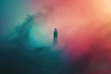 Fototapeta premium Generative ai on theme of large retro lighthouse with beam of bright light shining out to blue sea