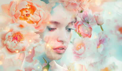 A colorful floral portrait featuring a beautiful woman's face