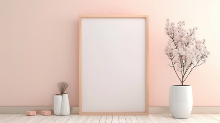 Mock up poster frame in modern interior background. Eco style concept. Light neutral and Peach Fuzz colors