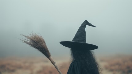 Minimalist Witch's Hat and Broomstick in Spooky Halloween Festival Wallpaper with Foggy Background