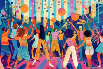 A joyful, vibrant illustration of a music festival