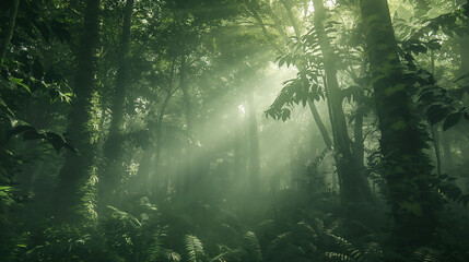 Obraz premium A dense, misty forest with tall, ancient trees covered in moss and ferns, with sunlight filtering through the thick canopy, creating