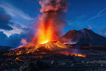Generative ai on theme of erupting volcano with cascading hot lava surrounded thick white smoke