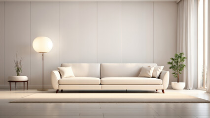 Fototapeta premium White Sofa with a White wide wall background Modern Minimalist Living Room Design