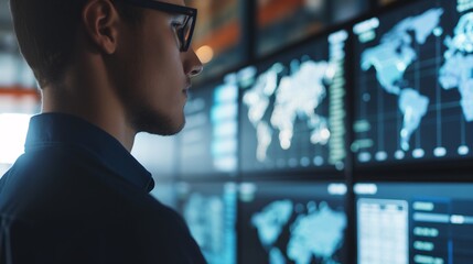 A professional analyzing global data on multiple screens in a control room. Concept of data analysis, strategy, and technology.