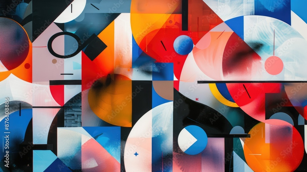 Poster a colorful abstract street art mural with overlapping shapes and circles, adding a lively touch to t