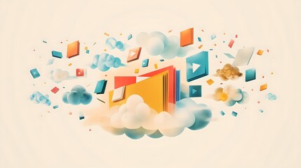 Fototapeta premium minimalistic artwork depicting files, folders, videos, photos all flying towards fast, unlimited, reliable cloud storage servers, light colored background