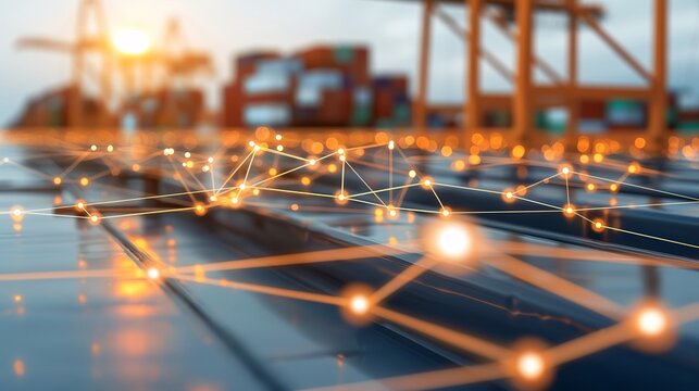 Futuristic digital network connection overlay on shipping and logistics background with containers and cranes at a port.