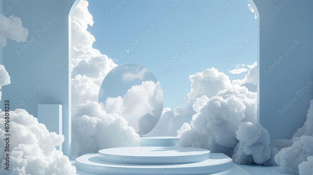Poster a blue sky with clouds and a large round object in the middle