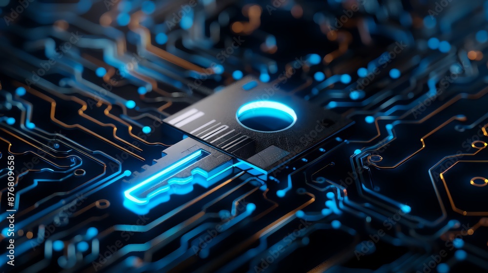 Poster a glowing key embedded in a circuit board, symbolizing digital security and access.