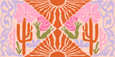 Desert matisse illustration. At nouveau landscape panorama with cactus. Tile seamless pattern in groovy 60s 70s vibes.