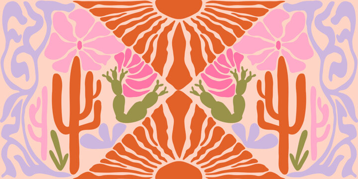 Desert matisse illustration. At nouveau landscape panorama with cactus. Tile seamless pattern in groovy 60s 70s vibes.