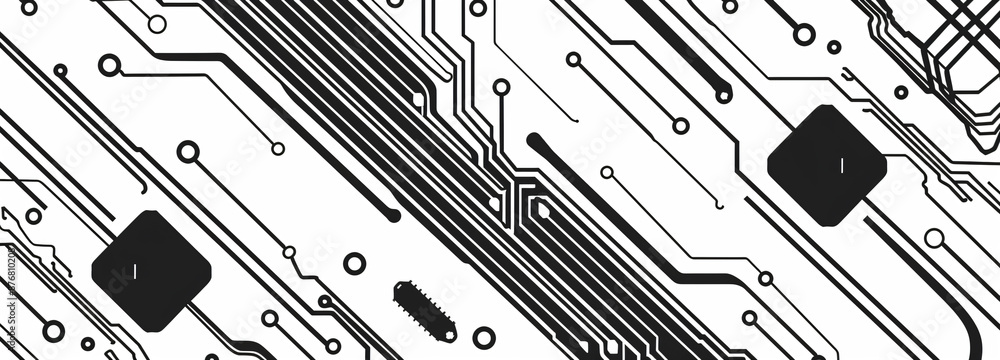 Poster black and white circuit board pattern background with stripes, tech banner design for web or print. 