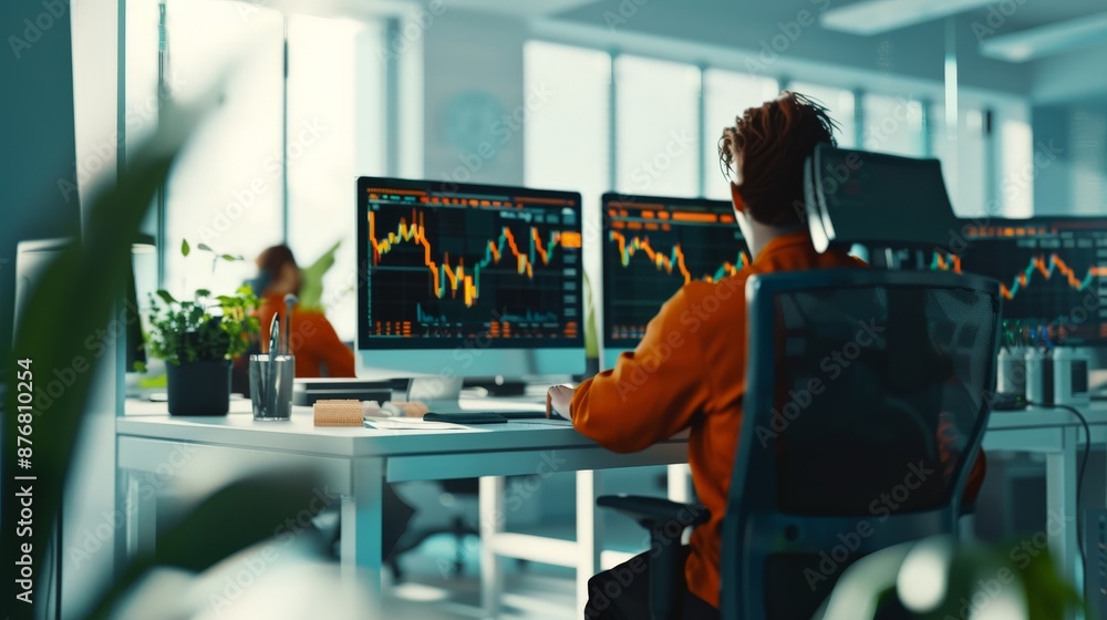 Poster minimalist 2d flat illustration of analysts discussing stock market trends with computer monitors sh