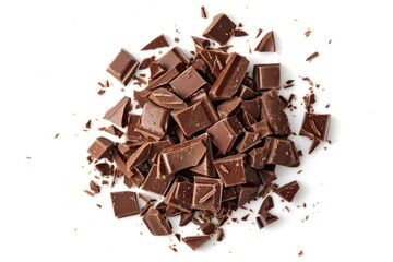 A pile of assorted chocolate pieces on a white surface, perfect for close-up photography or as a prop in food-related scenes