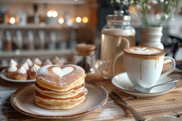 A kitchen with heart-shaped pancake stacks and a latte with a heart-shaped foam design. Cake Slice,Pastry,Bubble Tea. 