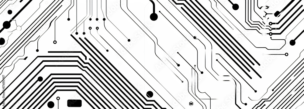 Fototapete black and white circuit board pattern background with stripes, tech banner design for web or print. 