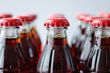 Rows of glass bottles with red caps filled with soda pop on white background. Closeup of fizzy drink bottles with condensation droplets placed in a refrigerator. Cold refreshing beverage