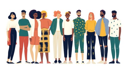 Fototapeta premium illustration of group portrait, diverse people standing next to each other in profile view on white background, clip art style, simple lines, flat color