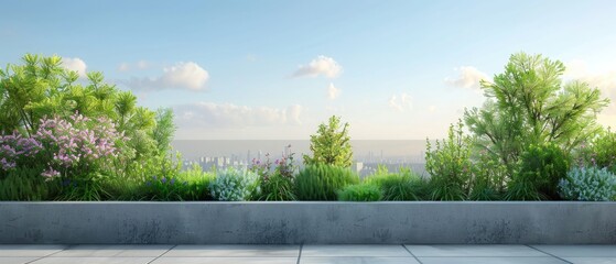 Rooftop garden 3D background, green terrace podium display with lush plants, flowers, and panoramic city views. Urban oasis setting for cosmetic product presentation