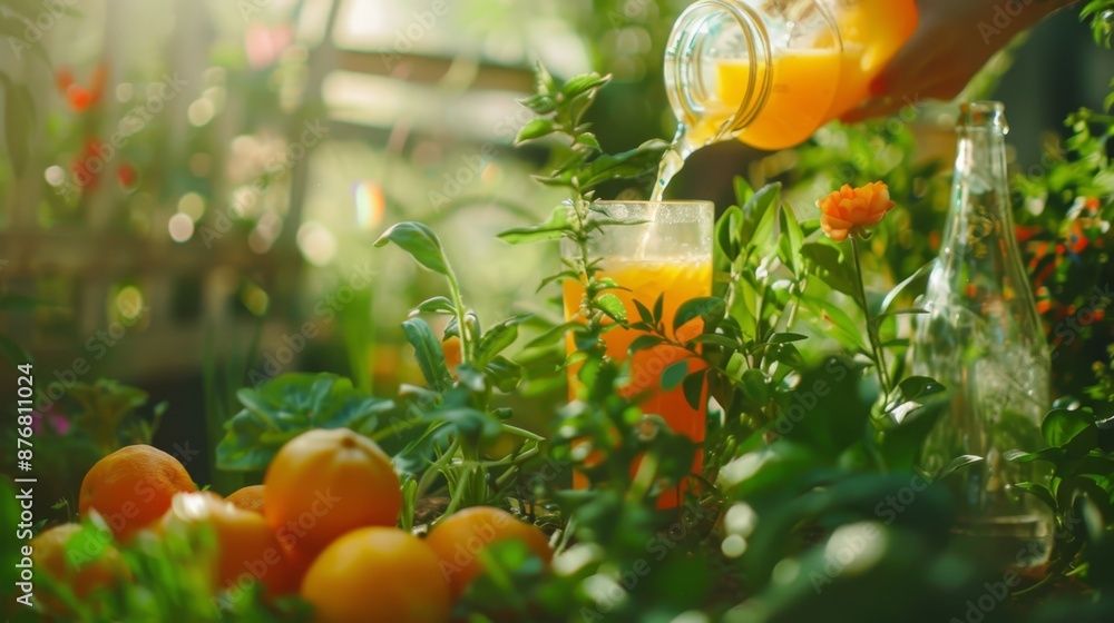 Wall mural Pouring fresh orange juice in a garden filled with lush green plants and bright orange fruits. Refreshing healthy drink under natural sunlight.