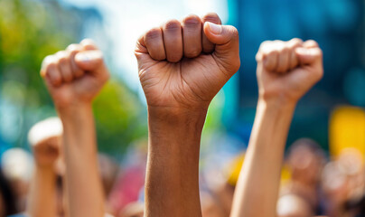 three fists up in the air, group of people protesting in the street, march in summer time fighting for their rights
