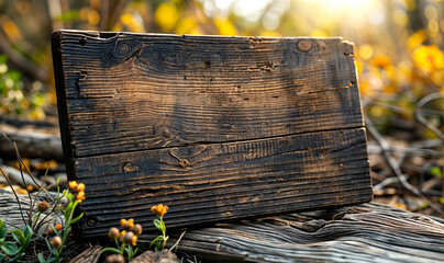 Fototapeta premium empty/ blank rustic wooden board in the garden next to plants 