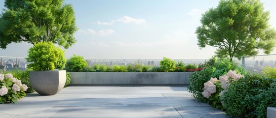 Rooftop garden 3D background, green terrace podium display with lush plants, flowers, and panoramic city views. Urban oasis setting for cosmetic product presentation