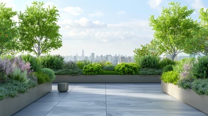Rooftop garden 3D background, green terrace podium display with lush plants, flowers, and panoramic city views. Urban oasis setting for cosmetic product presentation