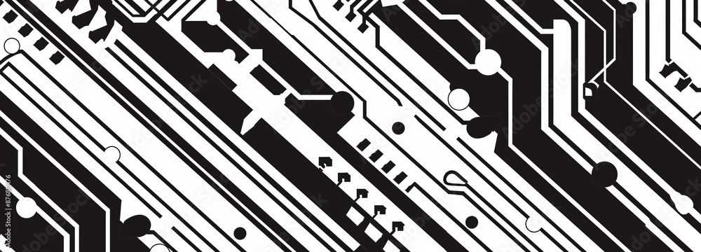 Poster black and white circuit board pattern background with stripes, tech banner design for web or print. 