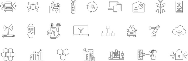 Set of Internet of Things Icons set. Industry 4.0 concept Outline icon collection contain automation, iot, connection, cloud computing, system integration and big data - Vector illustration.