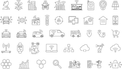 Set of Internet of Things Icons set. Industry 4.0 concept Outline icon collection contain automation, iot, connection, cloud computing, system integration and big data - Vector illustration.