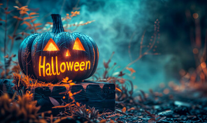 spooky Halloween neon sign on jack-o-lantern pumpkin wallpaper with copy space, dark moody scene in the evening with scary decoration and horror vibes