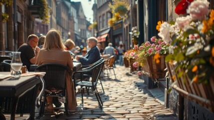 Naklejka premium Charming street with people dining at outdoor cafes, flowers in bloom, and sunlit cobblestone path, creating a picturesque, relaxing atmosphere.
