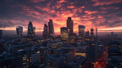 Naklejka premium Beautiful vibrant sunset over modern city skyline, showcasing tall towers and skyscrapers enveloped in warm red and orange hues against a dark sky.