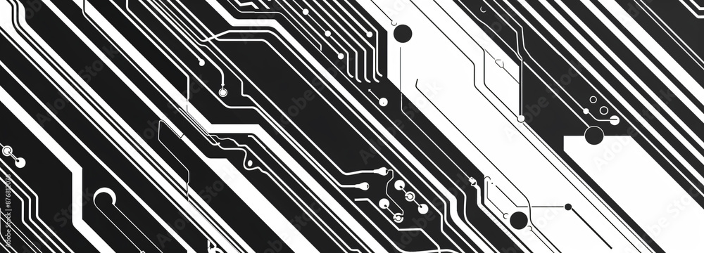 Poster black and white circuit board pattern background with stripes, tech banner design for web or print. 