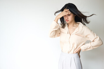 sick Asian woman having headache fever, concept of health care, flu virus infection, infectious disease, stress sickness symptoms, viral infection concept image, Southeast Asian Chinese real model