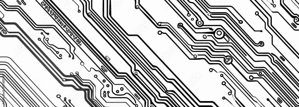 Poster black and white circuit board pattern background with stripes, tech banner design for web or print. 