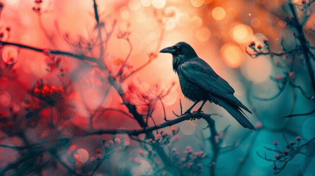 A lone crow perched on a branch, set against a vibrant, colorful background of blurred lights and delicate foliage in the sunset.