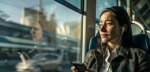A young businesswoman goes to work on public transport on her way to work and he listens to music or a podcast on headphones. A business trip. Public transport, train, bus, commuter train.