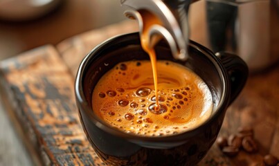 Preparing espresso while the soft foam falls into the ceramic cup. This captivating image captures the essence of coffee brewing expertise.