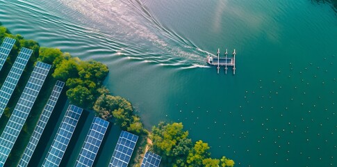 overhead drone shot of large floating solar array on lake with small white boat passing through grid, dark green water, grid is black and grey