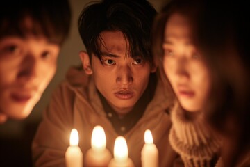 Eerie Gathering of Japanese Friends Sharing Ghost Stories by Candlelight in Abandoned House