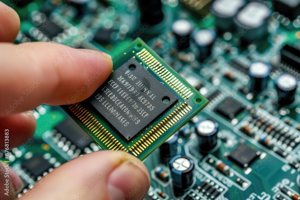 Poster closeup of hand holding and placing a small microchip on a circuit board with electronic components.