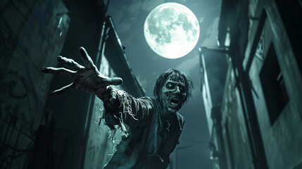 Fototapeta premium A lone zombie with tattered clothes, reaching out from a shadowy alley under a full moon with spooky atmosphere .