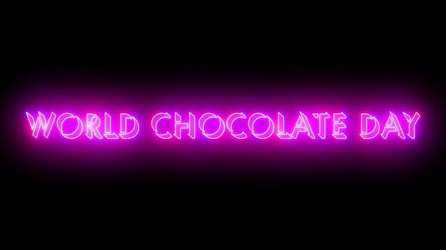
World Chocolate Day text animation in 4K. Easy to put into any video. Neon-colored text with a glowing moving outline on a dark background in 4K. Technology video material animation in 4k.