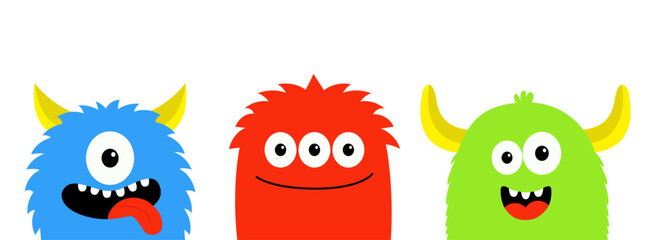 Monster face head icon set line. Happy Halloween. Three monsters. Cute kawaii cartoon colorful character. Eyes, horns, tongue, fang teeth. Funny baby collection. Flat design. White background Vector