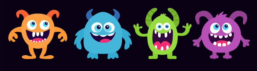 Happy Halloween. Four cute monster icon set line. Cartoon kawaii funny baby character. Eyes, horns, fang teeth. Childish style. Colorful silhouette. Sticker print. Flat design. Black background Vector © worldofvector